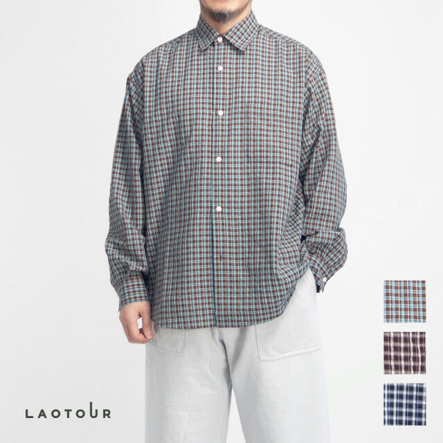 LAOTOUR グラフィカルチェック柄 ショート丈 オープンカラー長袖シャツ