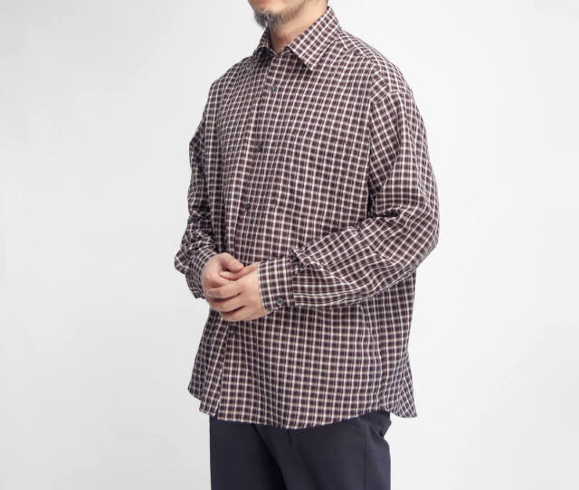 LAOTOUR グラフィカルチェック柄 ショート丈 オープンカラー長袖シャツ