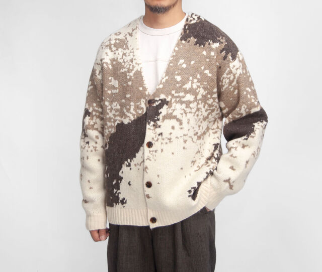 LAOTOUR ダブルジャカード 総柄 ニットカーディガン 花柄 メンズ