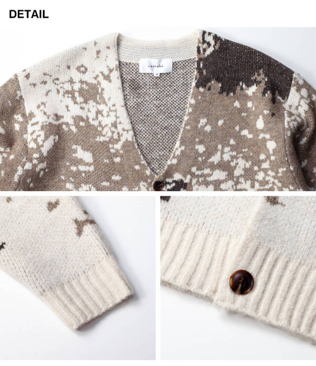LAOTOUR ダブルジャカード 総柄 ニットカーディガン 花柄 メンズ