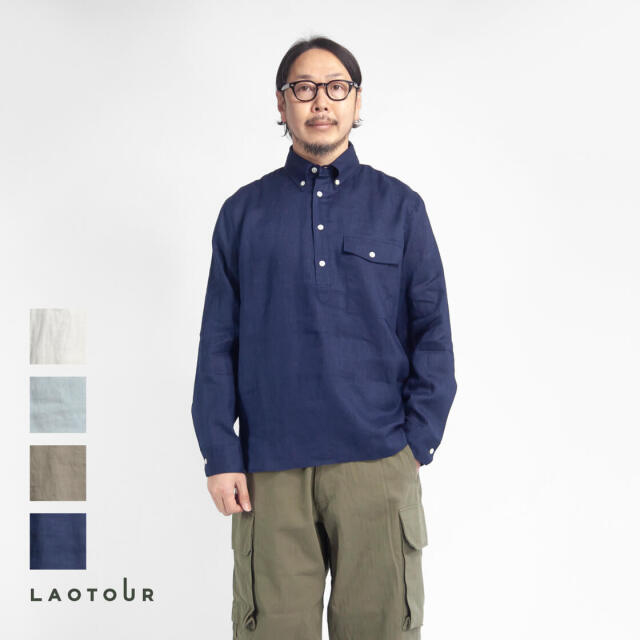 LAOTOUR 麻100％ フレンチリネン プルオーバーボタンダウン長袖シャツ 