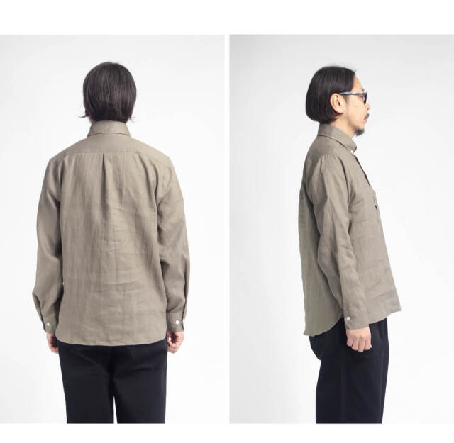 LAOTOUR 麻100％ フレンチリネン プルオーバーボタンダウン長袖シャツ