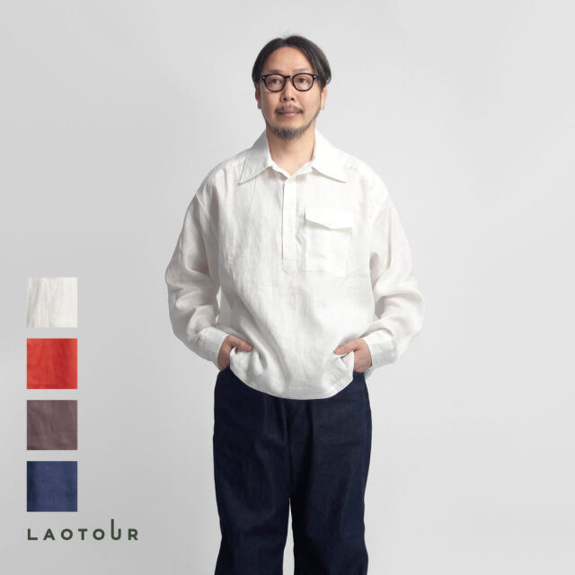 LAOTOUR 麻100％ フレンチリネン プルオーバーボタンダウン長袖シャツ