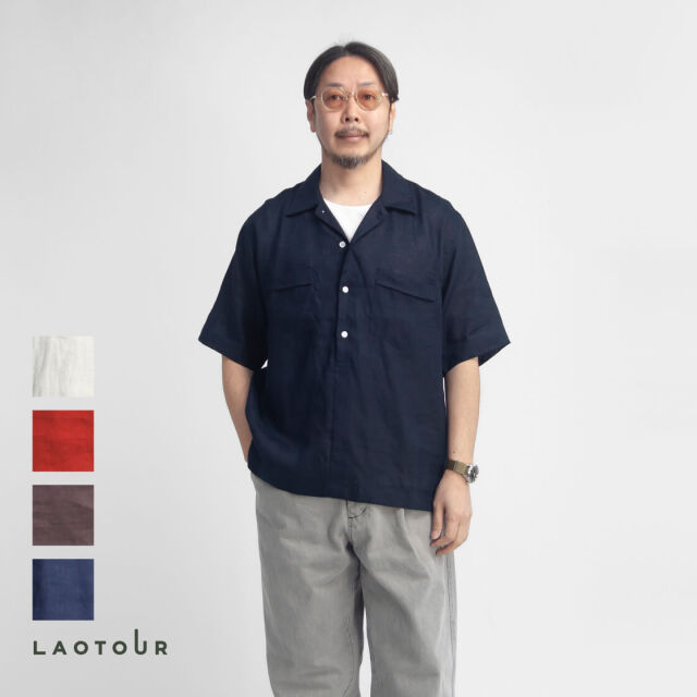 LAOTOUR 麻100％ フレンチリネン プルオーバーオープンカラー半袖