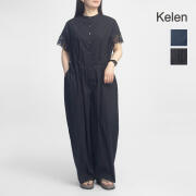 KELEN ケレン YAKKA 半袖 オールインワン パンツ バンドカラー 袖レース １タック レディース