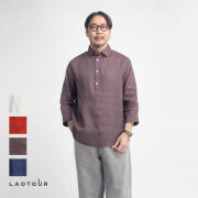 LAOTOUR 麻100％ フレンチリネン プルオーバーシャツ ワイドカラー 2026モデル メンズ