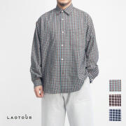 LAOTOUR シアサッカー オーバーサイズ レギュラーカラー チェックシャツ 速乾 メンズ