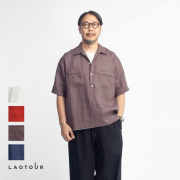 LAOTOUR 麻100％ フレンチリネン プルオーバーオープンカラー半袖シャツ メンズ