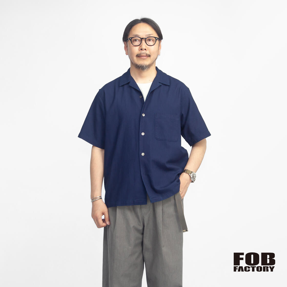 FOB FACTORY FOBファクトリー F3512 インディゴ刺し子 半袖 オープンカラーシャツ 日本製 メンズ