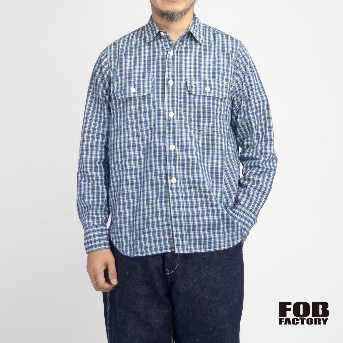 FOB FACTORY FOBファクトリー F3516 インディゴチェック ワークシャツ 日本製 メンズ