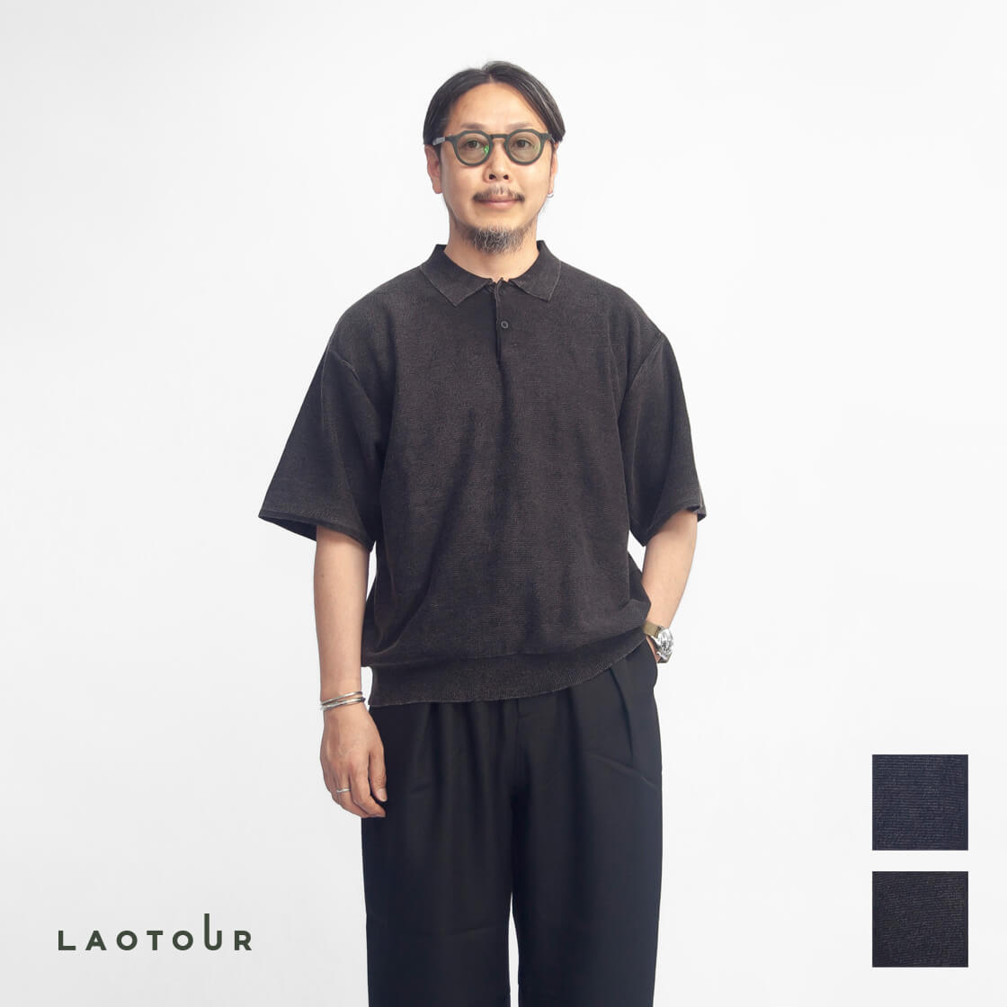LAOTOUR スノーウォッシュ ハーフミラノリブ ニットポロシャツ メンズ