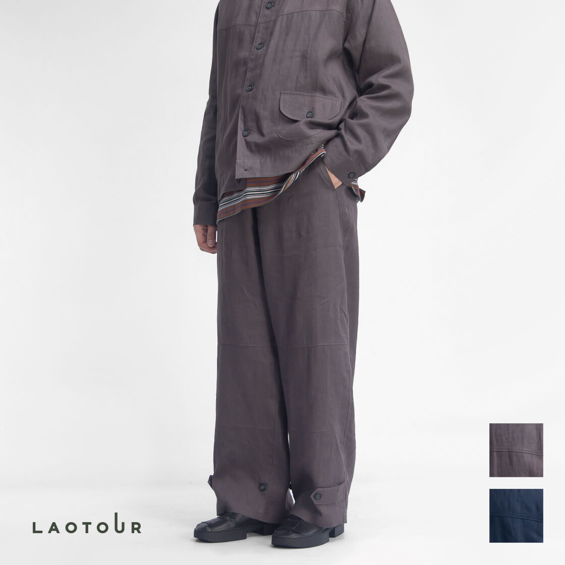 LAOTOUR ロートル 麻100％ リネンキャンバス ダブルニー イージーワイドパンツ セットアップ対応 メンズ