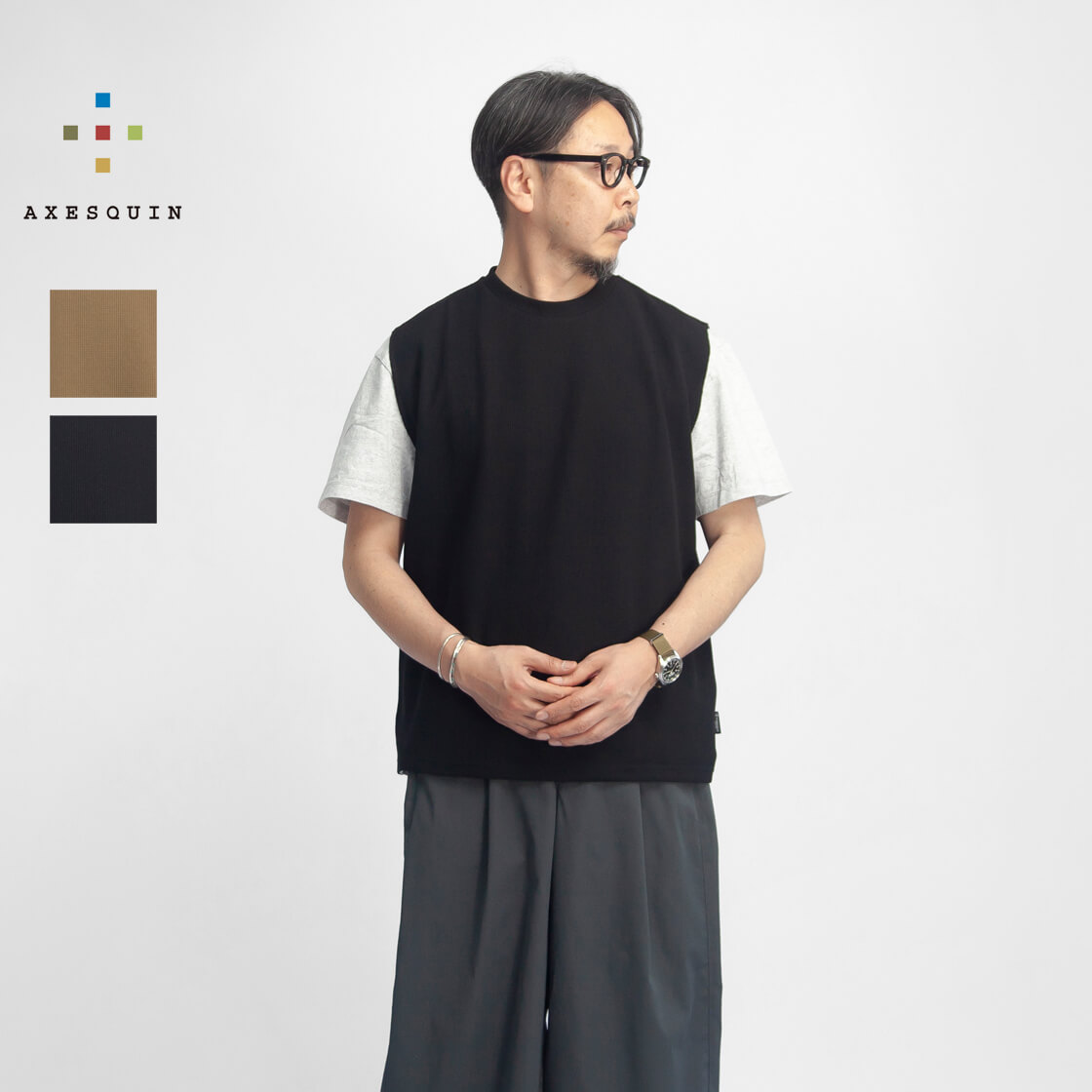 AXESQUIN アクシーズクイン クイックドライ ワッフル ノースリーブTシャツ メンズ
