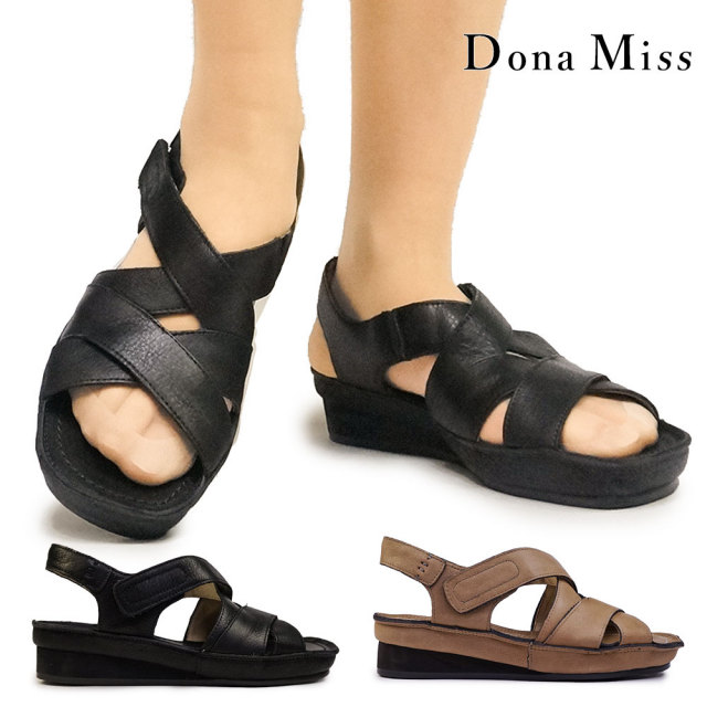 【年末大感謝祭】ドナミス サンダル レディース 381VRN きれいめ バックストラップ レザー ベルクロ 本革 日本製 Dona Miss