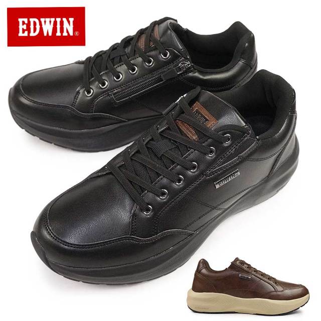 エドウィン 防水 ウォーキング スニーカー メンズ EDW-7368 紐がほどけない 厚底 カジュアルシューズ EDWIN 
