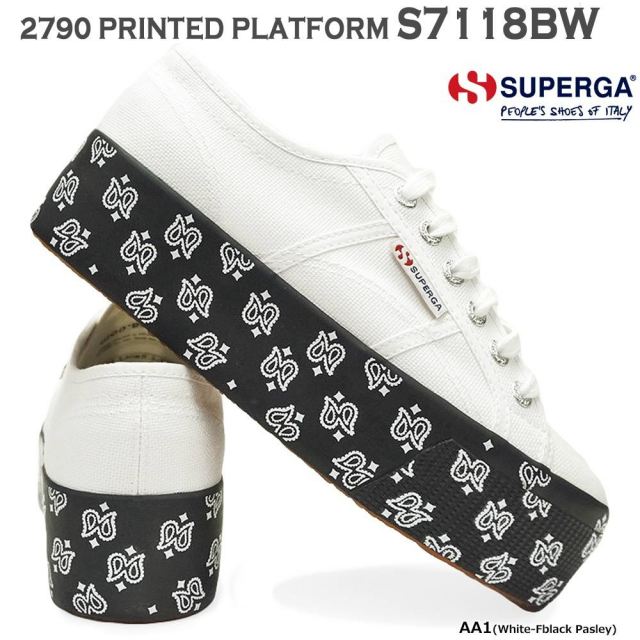 【年末大感謝祭】スペルガ スニーカー レディース 厚底 S7118BW 2790 PRINTED PLATFORM ペイズリー柄 コットン SUPERGA AA1 ホワイト 白 ブラック 黒 ペイズリー柄
