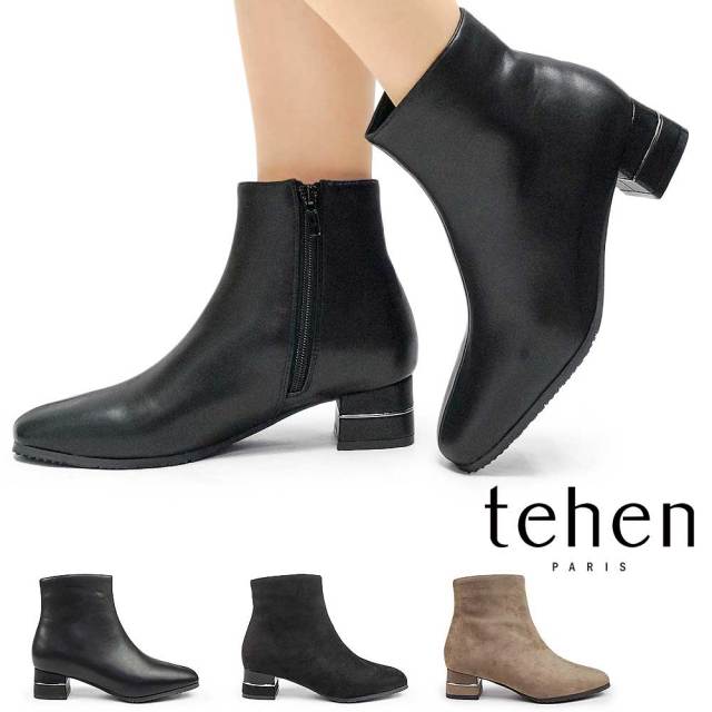 【年末大感謝祭】テーン レディース ショートブーツ レザー TN1805 サイドジップ スクエアトゥ シンプル 撥水 ストレッチ素材 25秋冬新作 tehen