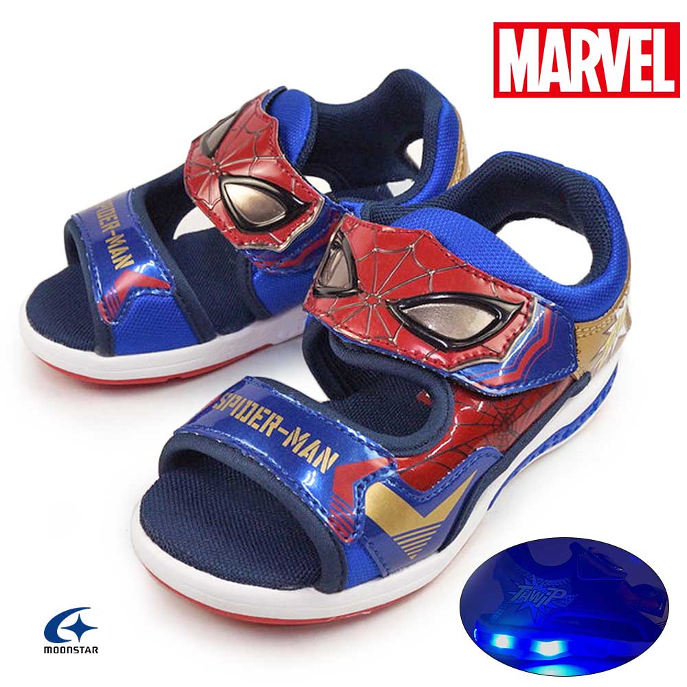 【ウィンターセール】ムーンスター 光る靴 キッズ サンダル MV 026 マーベル スポーツサンダル マジック式 子供靴 MoonStar MARVEL スパイダーマン
