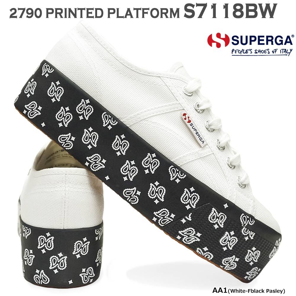 【年末大感謝祭】スペルガ スニーカー レディース 厚底 S7118BW 2790 PRINTED PLATFORM ペイズリー柄 コットン SUPERGA AA1 ホワイト 白 ブラック 黒 ペイズリー柄
