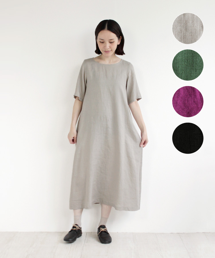 nofl リトアニアリネン五分袖ロングワンピース