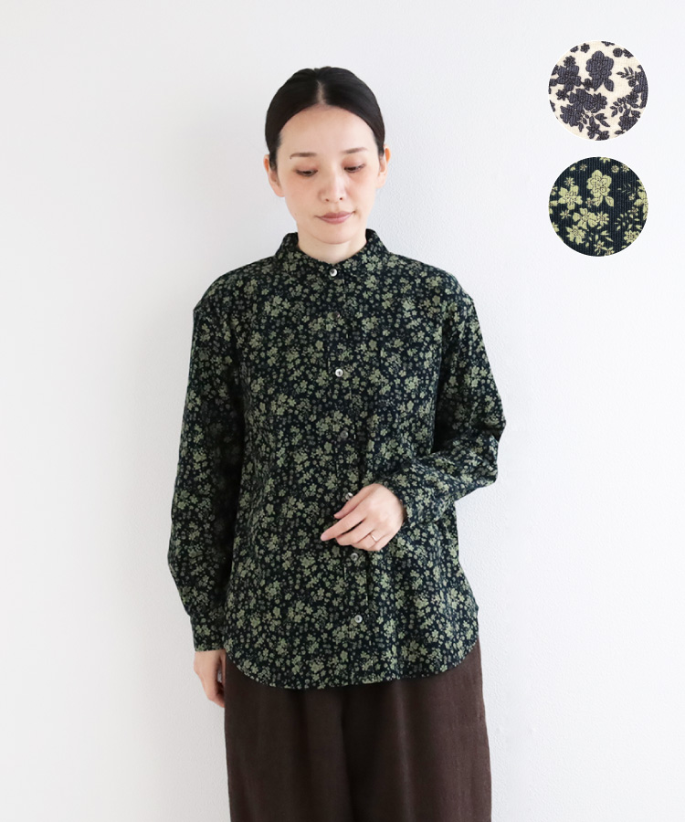 nofl コーデュロイ糸目小花柄ラウンドカラーシャツ