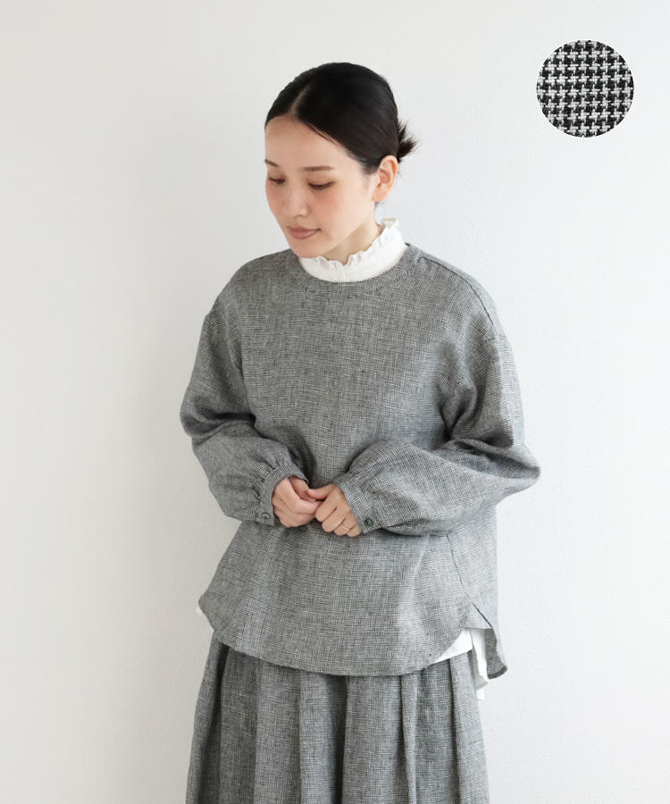 nofl リトアニアリネン千鳥柄クルーネックブラウス