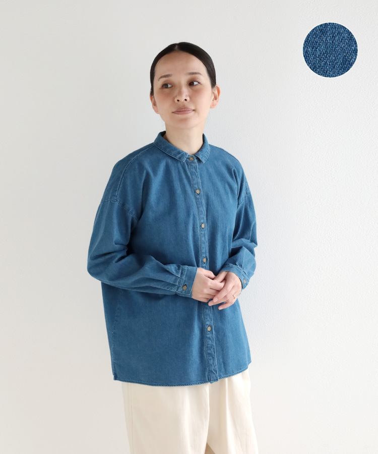 nofl コットンデニムちび襟ブラウス ブリーチ加工