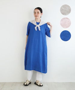 nofl リトアニアリネン後ろあきショート丈五分袖ワンピース