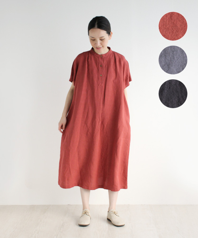 nofl】リネン天日干しワッシャータック半袖ワンピース 644207490  