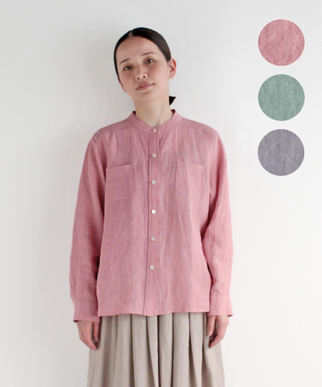 sale【ノーカラーシャツ】ハーフリネンくすみパープル 酷く 