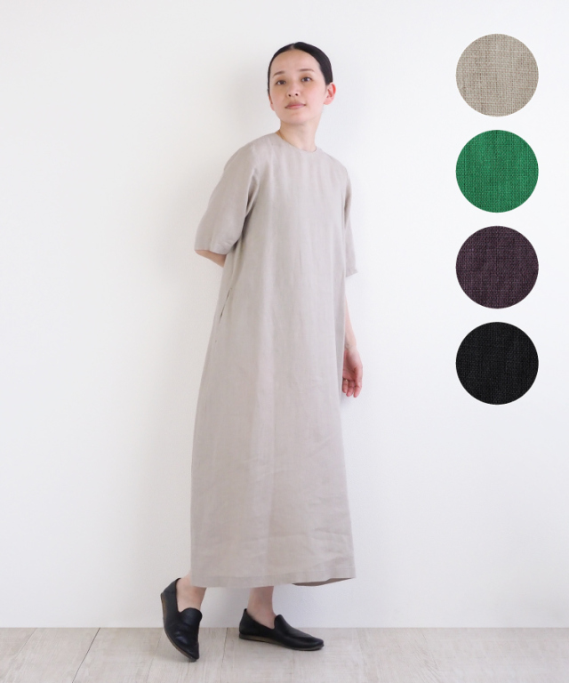 nofl】リトアニアリネン後ろあき五分袖ワンピース 644208680  