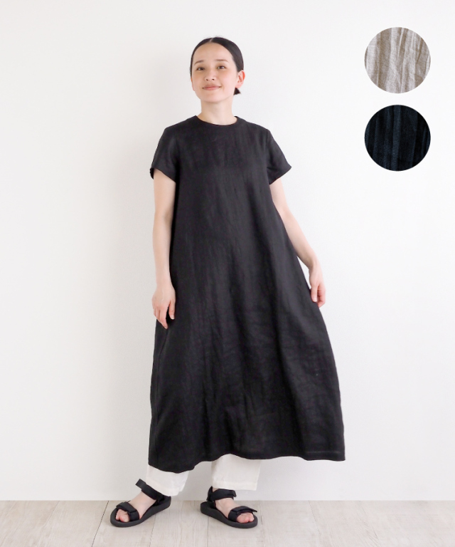 nofl】リネンワッシャー後ろあき半袖ワンピース 644209050  