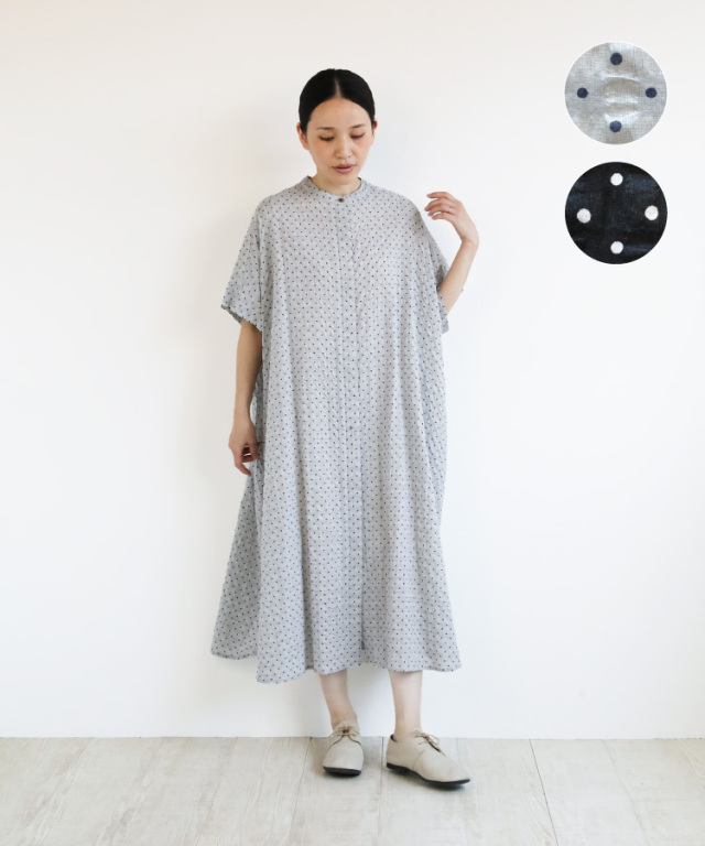 nofl】リップルドットスタンドカラーフレアワンピース 644210570