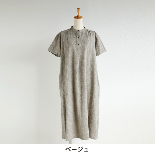 nofl】コットンリネンタック半袖ワンピース（刷毛目風チェック