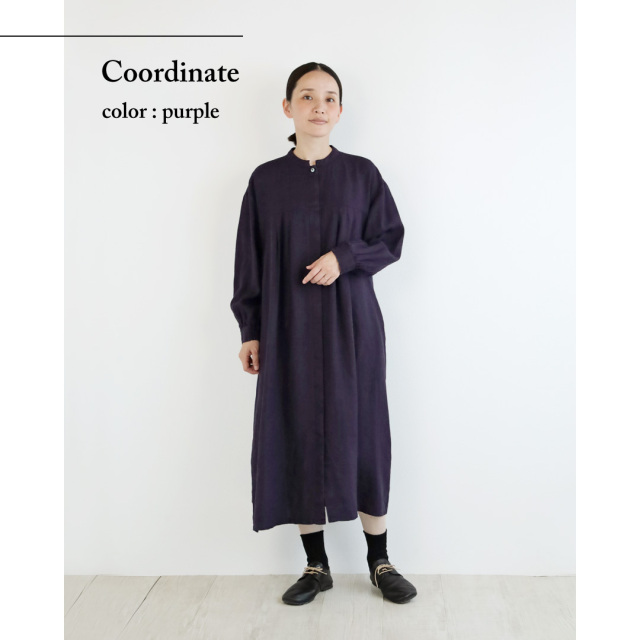 セール‼️リネン スタンドカラーワンピース新品未使用 パープル系ハンドメイド作家 セール】 MISSION DOUBLECLOTHスタンドカラーワンピース