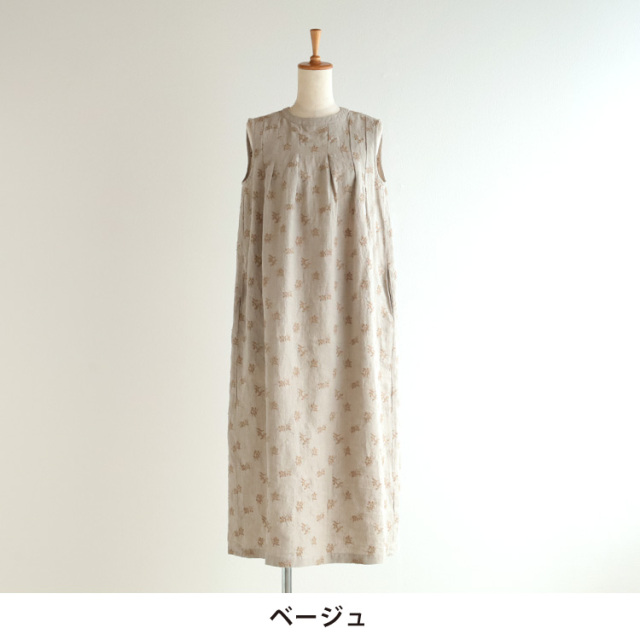 nofl】リネンオリーブ刺繍ノースリーブタックワンピース 644211860