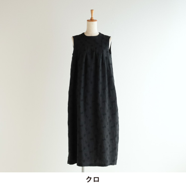 フェラガモ　ワンピース　黒　綿刺繍 ノースリーブ　膝丈　羽織りにも nofl】リネンオリーブ刺繍ノースリーブタックワンピース 644211860