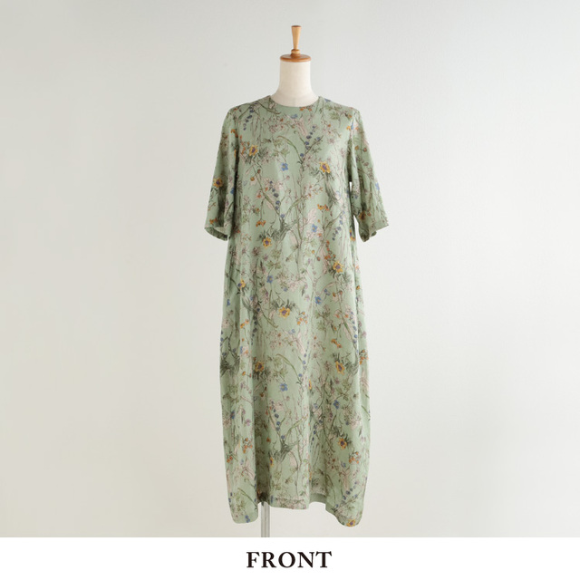 nofl】リネンフラワー後ろあき六分袖ワンピース 644212360