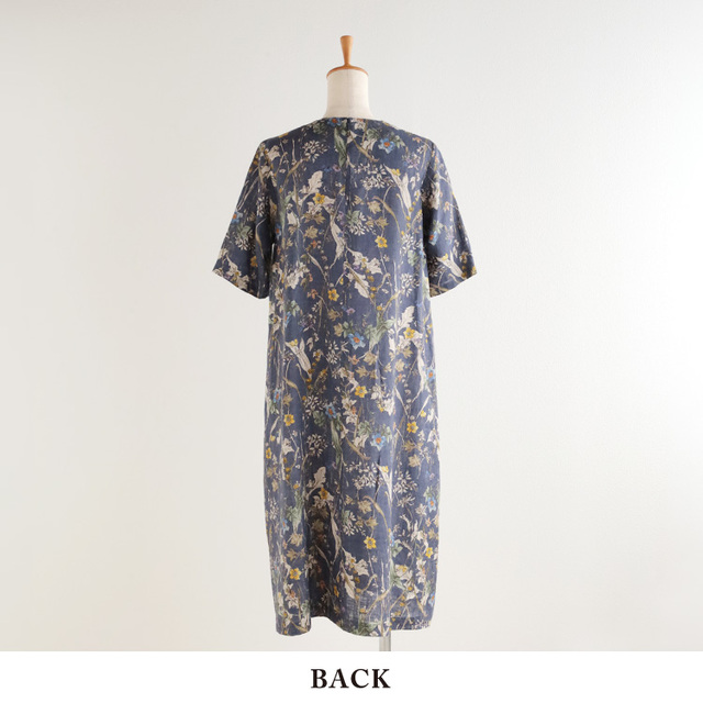 45R コットン リネン 二重織 フラワー 馬比古 DRESS ワンピース 花柄 リネン夏の葉プリントワンピース玉心花（ぎょくしんか） | 石見銀山 群