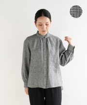 nofl リトアニアリネン千鳥柄フリルブラウス