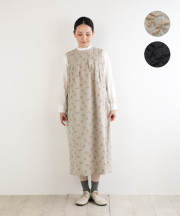 nofl リネンオリーブ刺繍ノースリーブタックワンピース