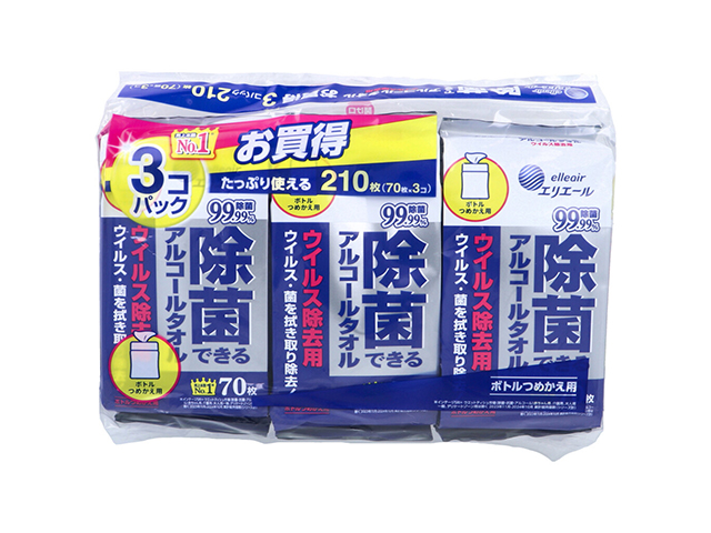 除菌ウエットティシュ エリエール 除菌できるアルコールタオル ウイルス除去用 詰替用70枚 3個入りＸ5パック