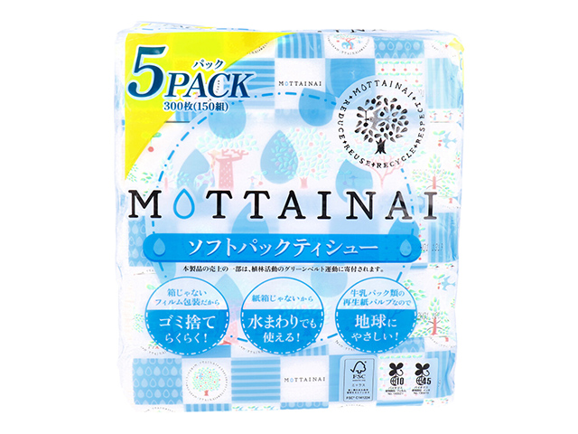 ソフトパックティッシュ カルタス MOTTAINAI 150W 5個入りＸ20パック
