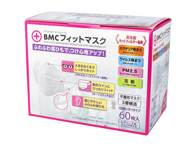 3層不織布マスク BMC フィットマスク 1日使い切りタイプ レディース＆ジュニアサイズ 60枚入りＸ5箱