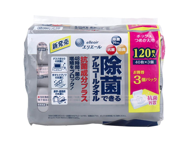 エリエール 除菌できるアルコールタオル 抗菌成分プラス ボックスタイプ詰替用 40枚 3個入りX5パック