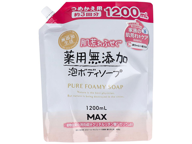 薬用泡ボディソープ マックス 肌荒れふせぐ泡せっけん 無添加生活 詰替用 1200mL X2パック