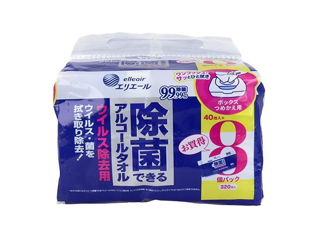 除菌ウェットティッシュ エリエール 除菌できるアルコールタオル ウイルス除去用 ボックスタイプ 詰替用 40枚 8個入り X3パック