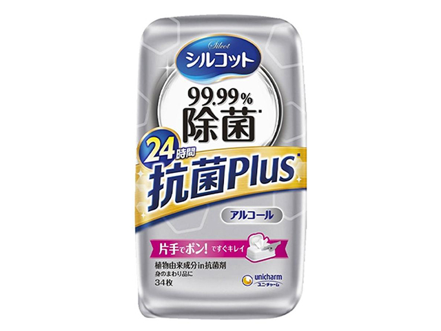 除菌ウェットシート ユニ・チャーム シルコット 抗菌Plus アルコールタイプ 無香料 本体 34枚入り X4箱