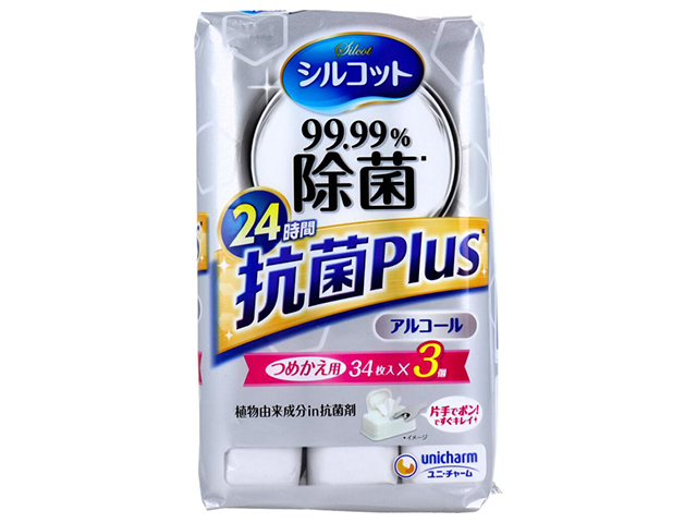除菌ウェットシート ユニ・チャーム シルコット 抗菌Plus アルコールタイプ 無香料 詰替用 34枚 3個入り X3パック