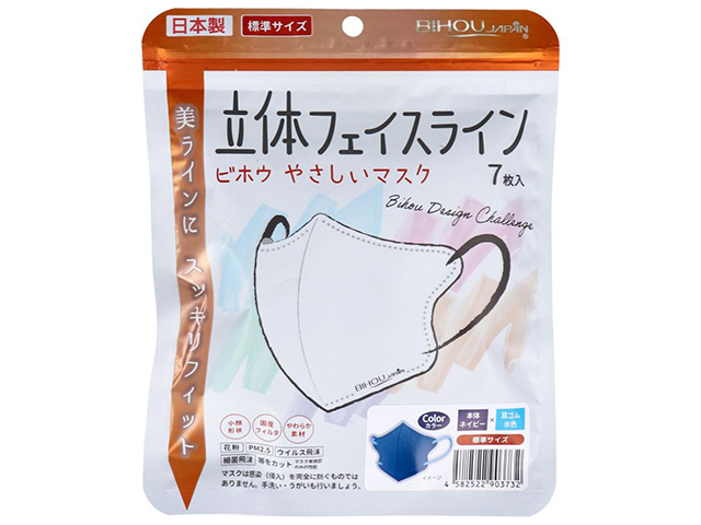 日本製不織布マスク エスパック ビホウ やさしいマスク 立体フェイスライン ネイビーx水色 標準サイズ 7枚入り X8パック
